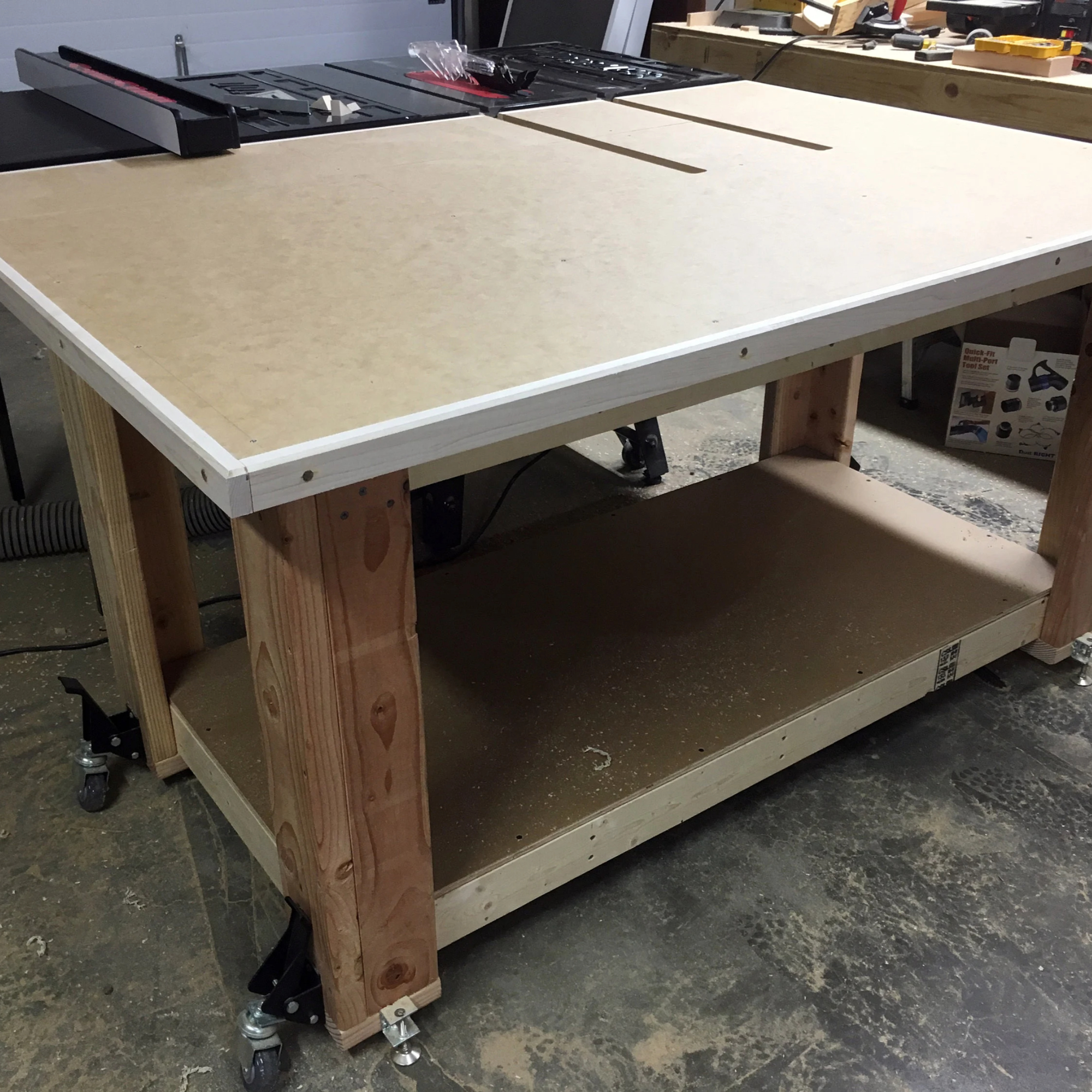 Angled view of a DIY mobile assembly and outfeed table