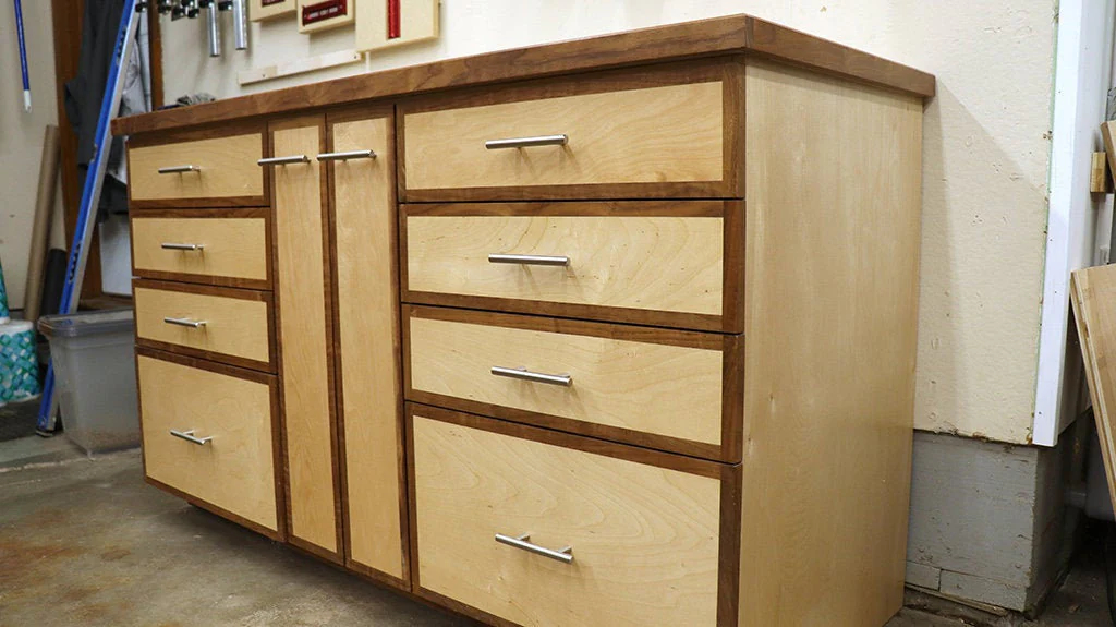 Angled view of a DIY shop storage base cabinet