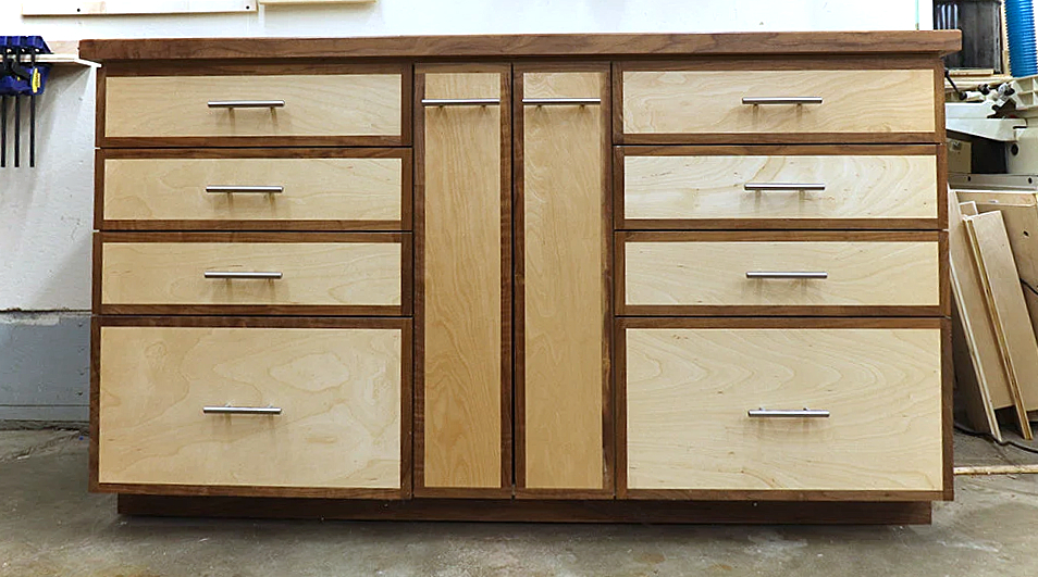 Front view of a DIY shop storage base cabinet with eight drawers