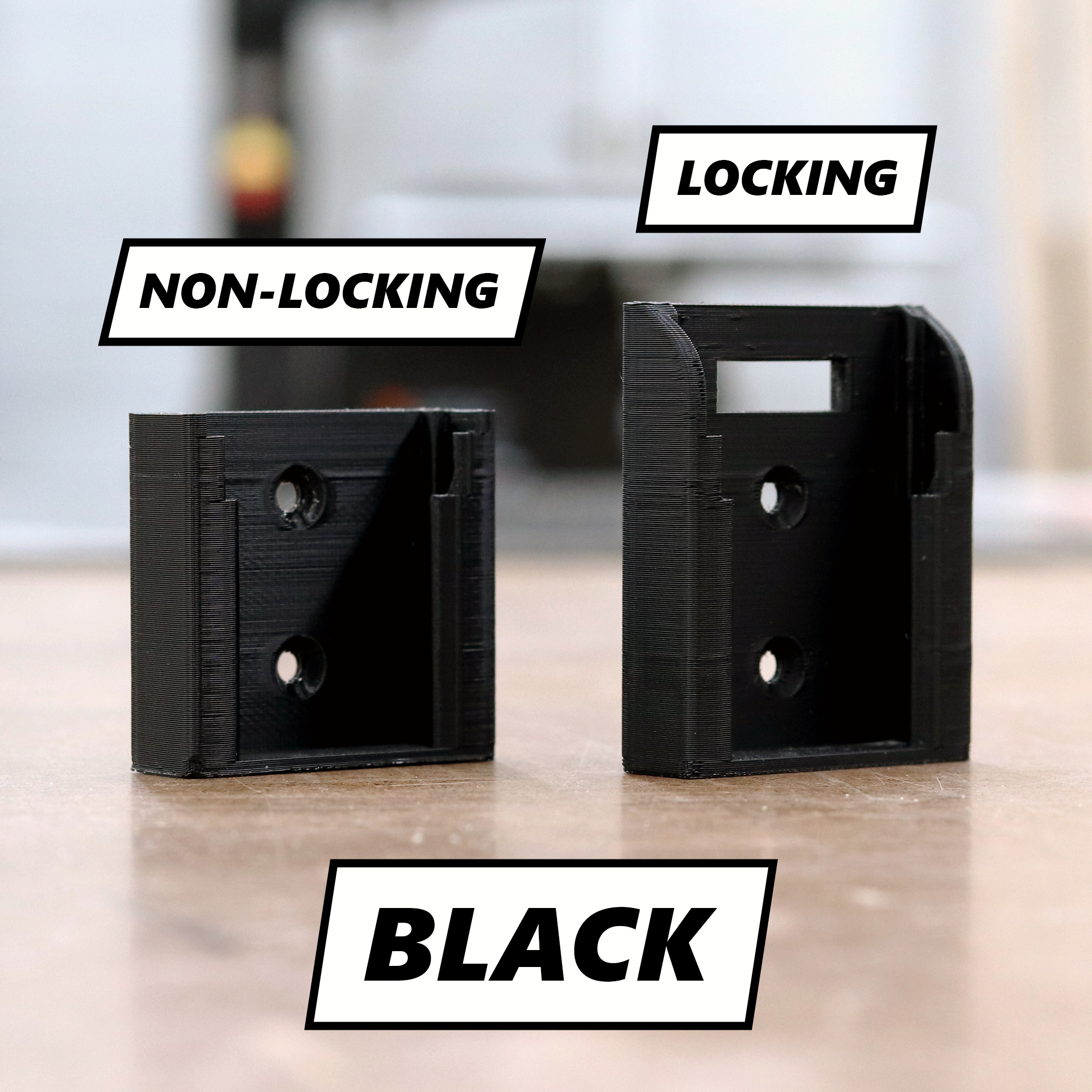 Black DeWalt battery holder shown in locking and non-locking versions