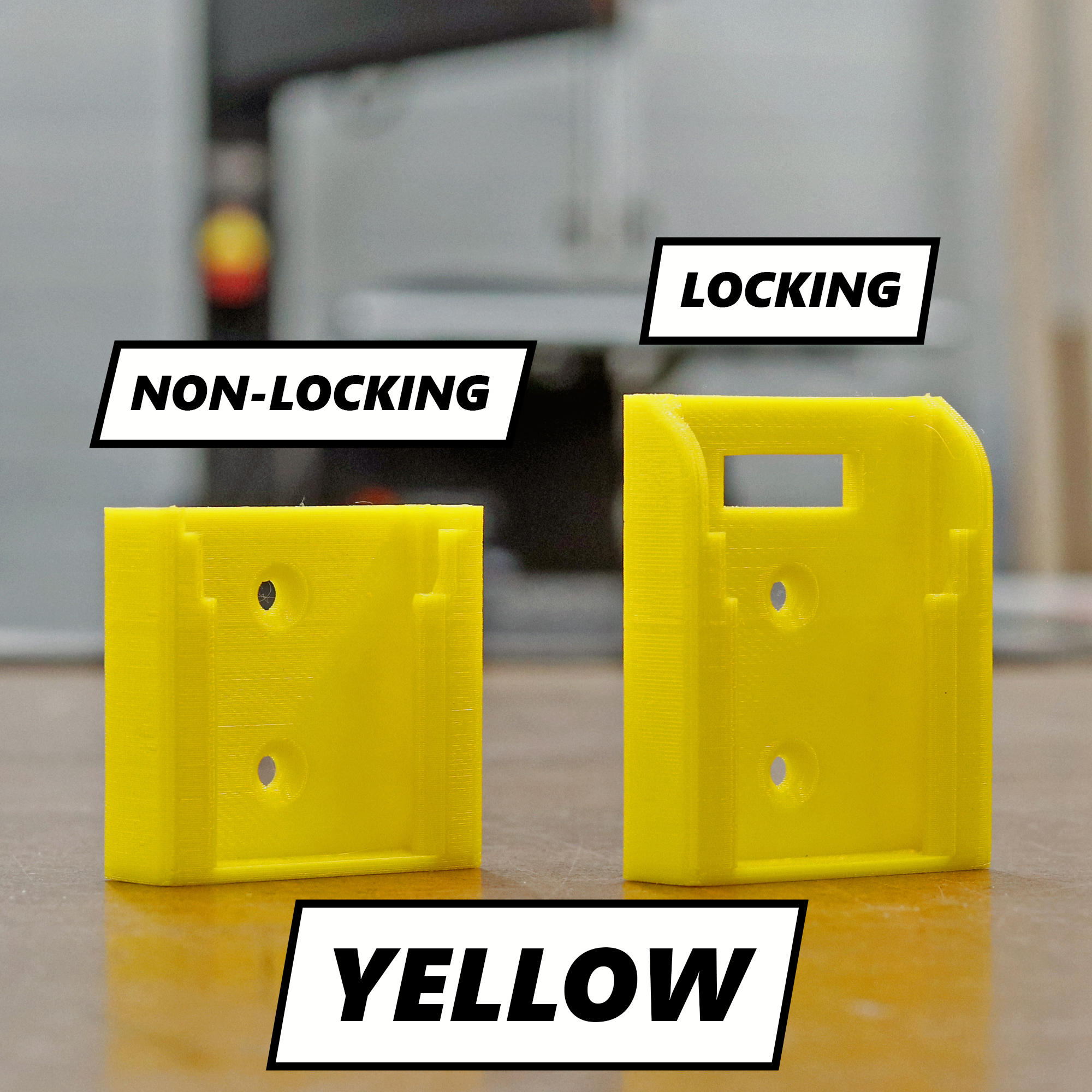 Yellow DeWalt battery holder shown in locking and non-locking versions