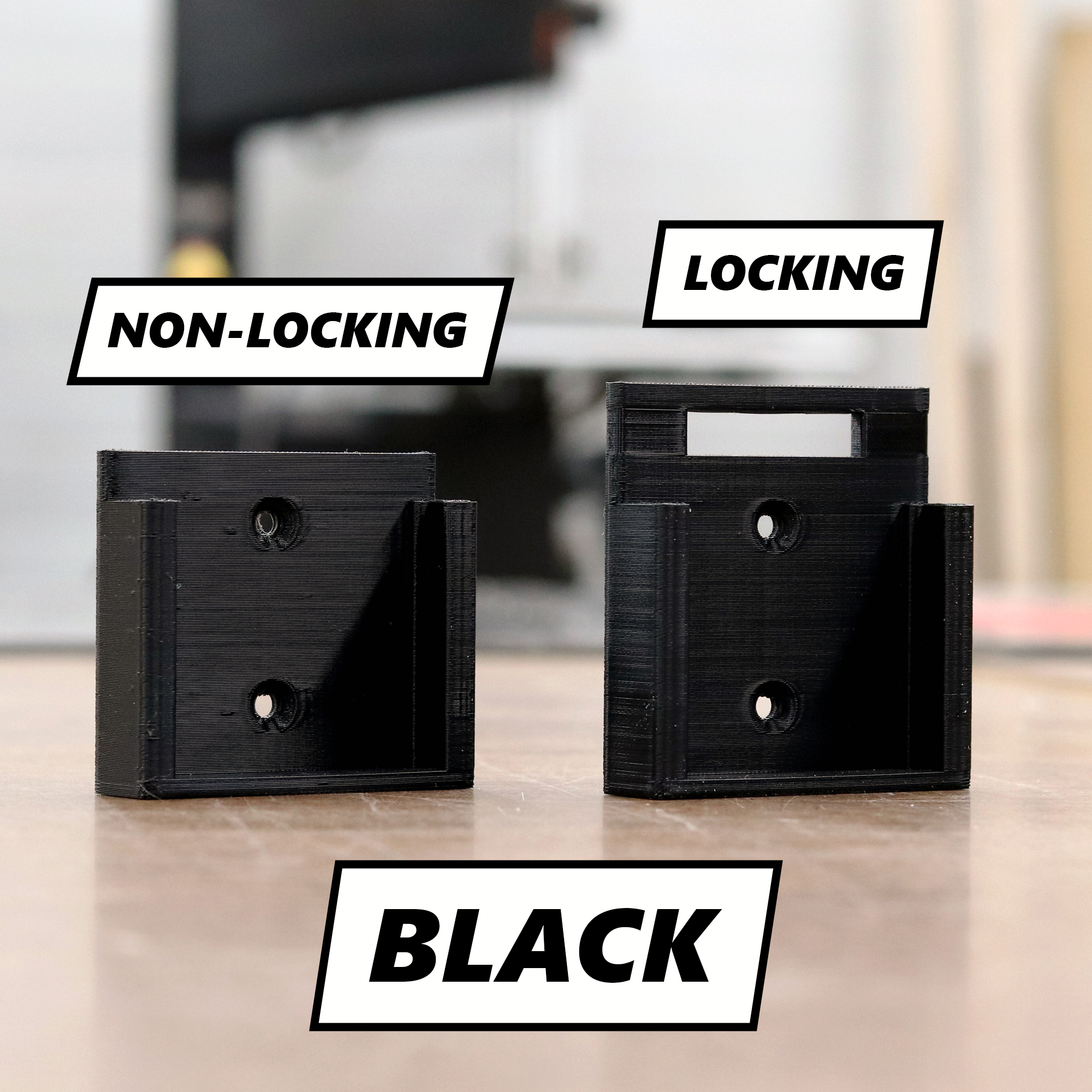 Black Makita battery holder shown in locking and non-locking versions