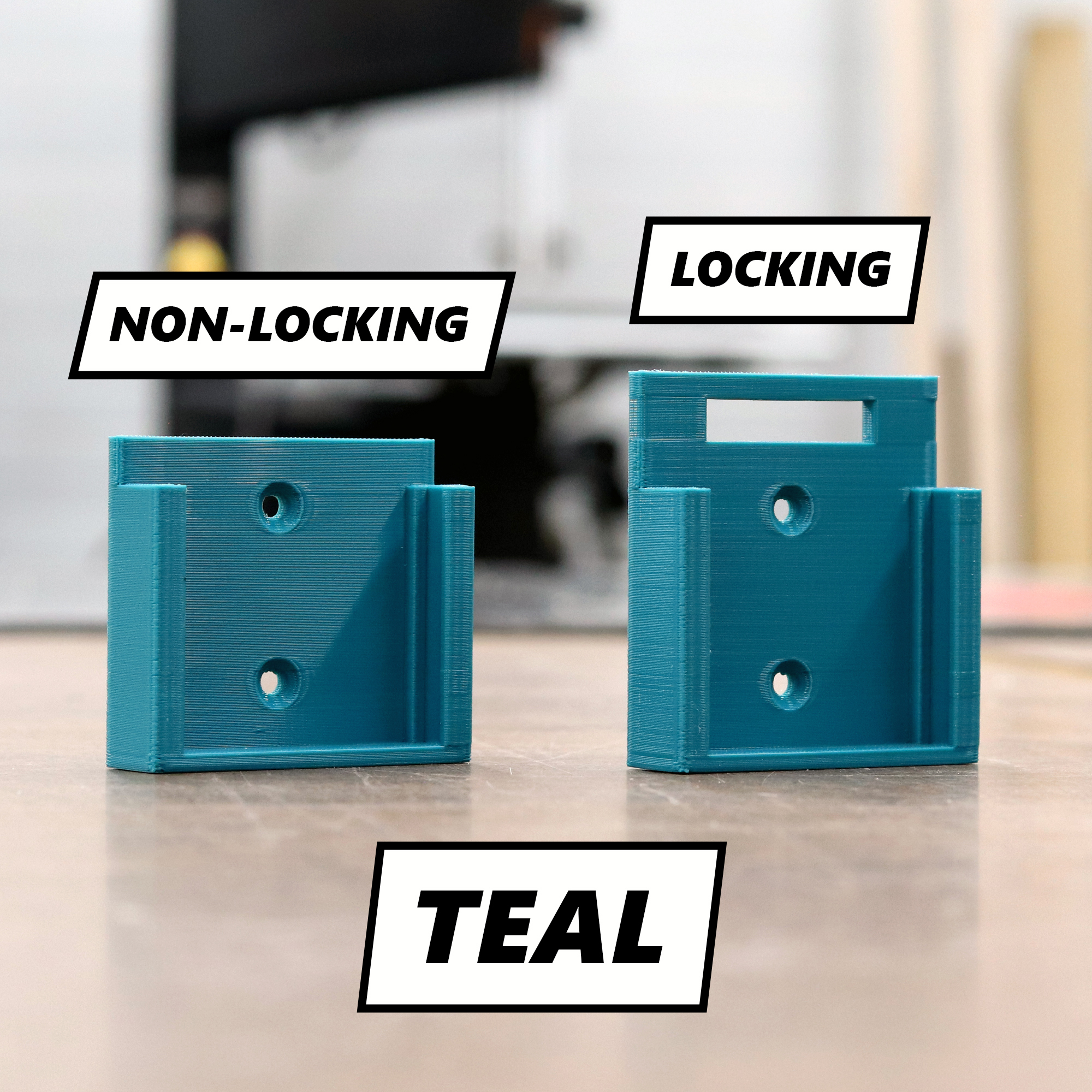 Teal Makita battery holder shown in locking and non-locking versions
