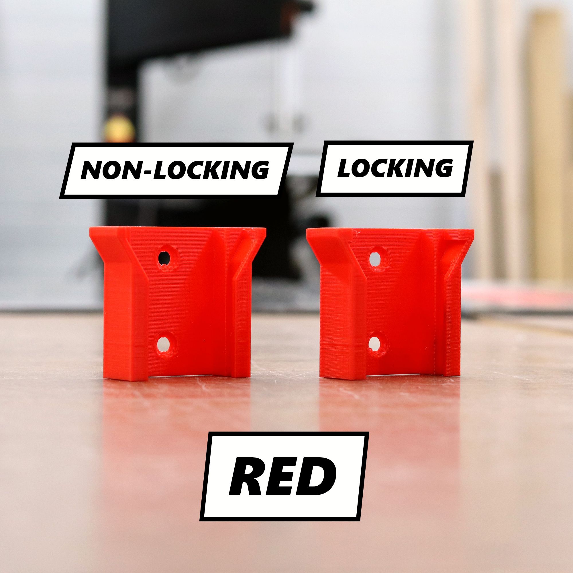 Red Milwaukee battery holder shown in locking and non-locking versions