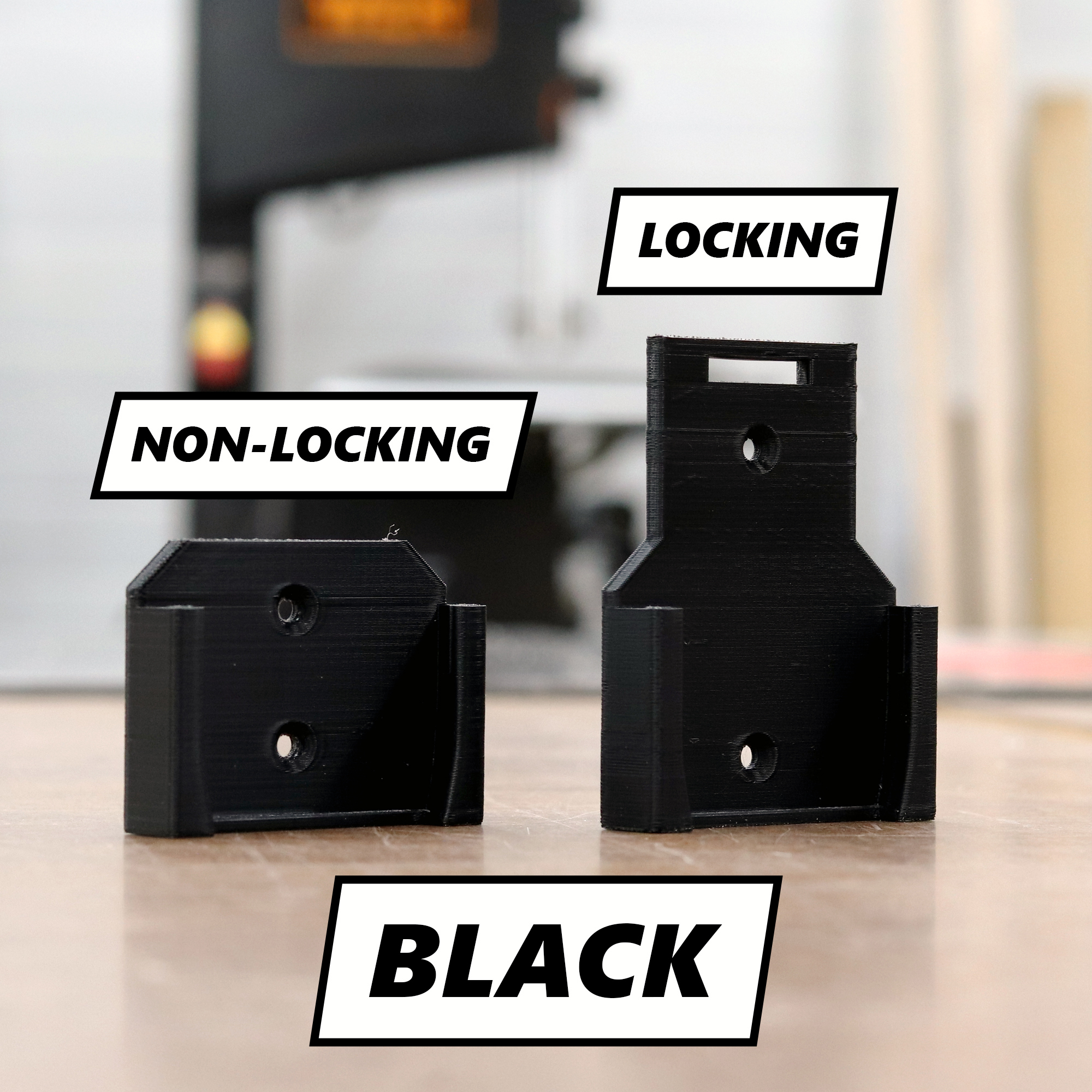 Black Ridgid battery holder shown in locking and non-locking versions