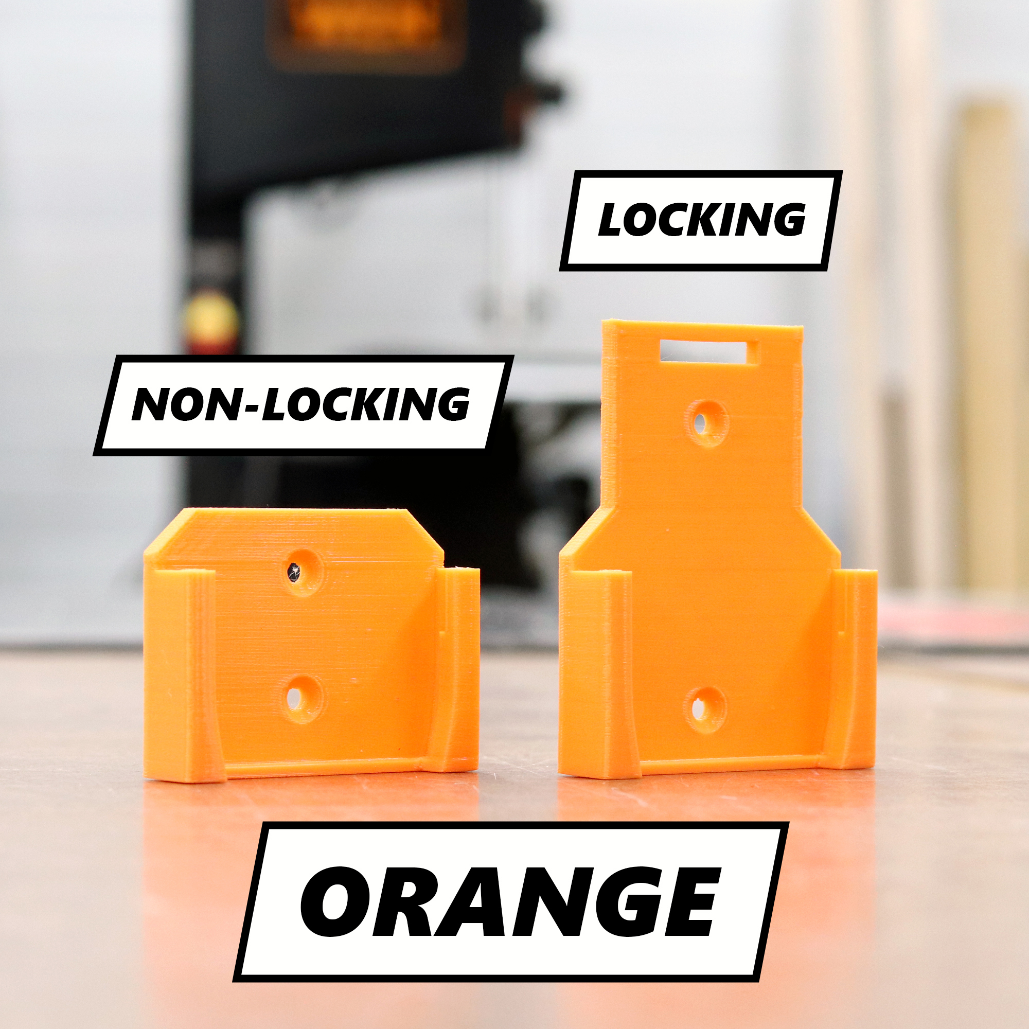 Orange Ridgid battery holder shown in locking and non-locking versions