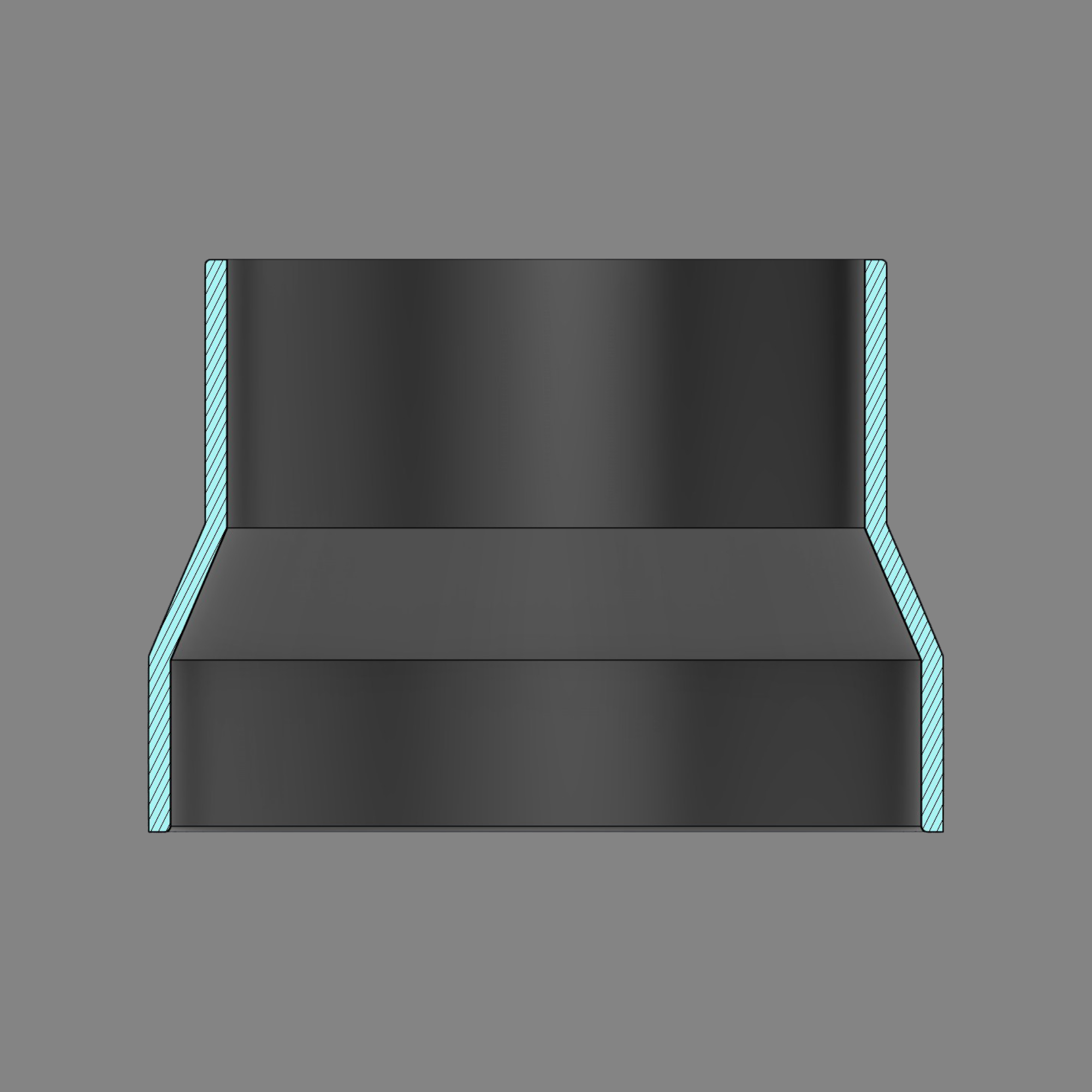 Cross-section diagram of a black PETG 3D printed dust collection adapter connecting 4 inch SDR35 PVC to 4 inch flex hose, showing wall thickness