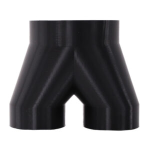 Black 3D printed PETG dust collection adapter connecting 6 inch flex hose to dual 4 inch flex hose outlets, front product photo
