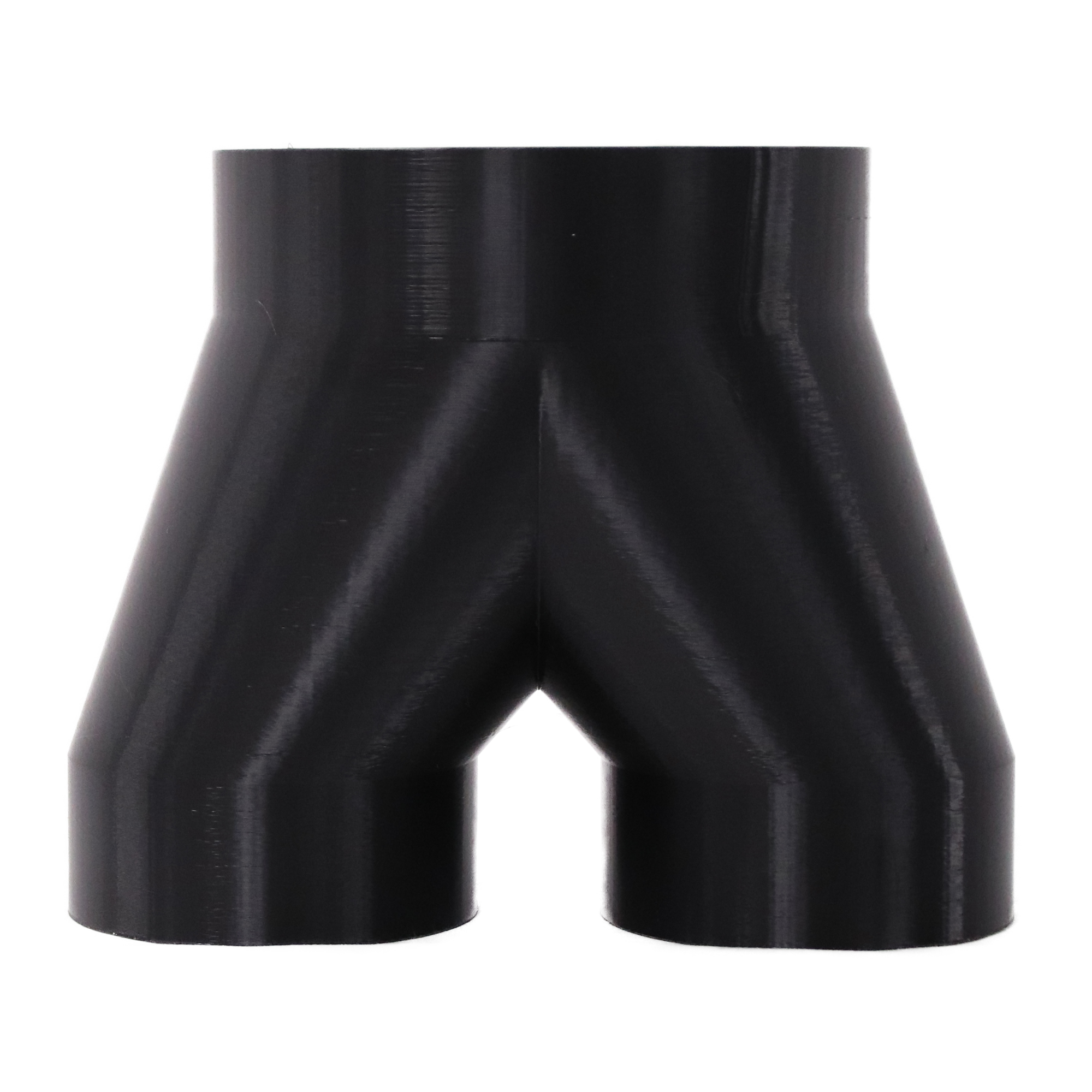 Black 3D printed PETG dust collection adapter connecting 6 inch flex hose to dual 4 inch flex hose outlets, front product photo
