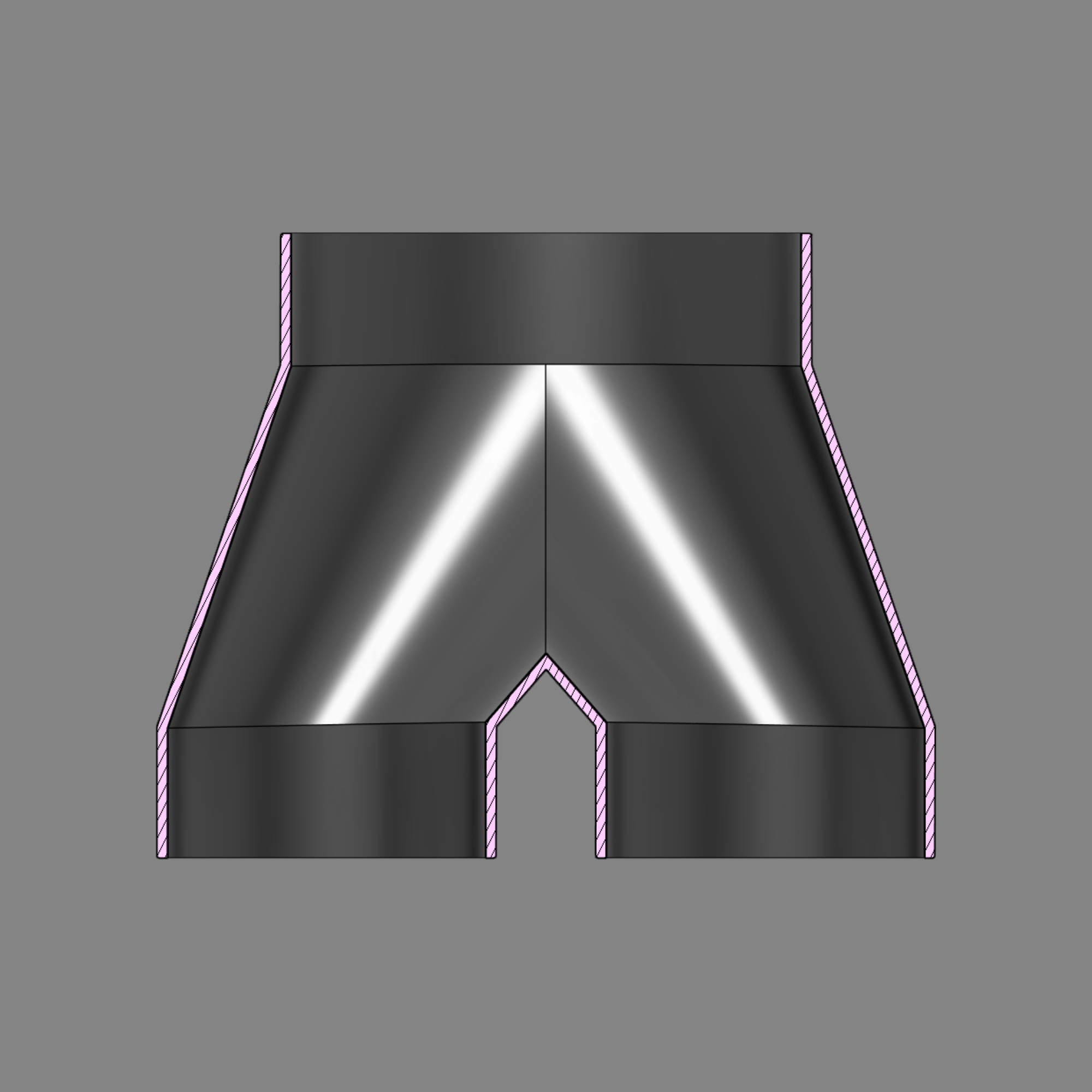 Cross-section diagram of a black PETG 3D printed dust collection adapter connecting 6 inch flex hose to dual 4 inch flex hose outlets, showing wall thickness