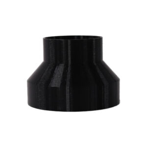 Black 3D printed PETG dust collection adapter connecting 6 inch flex hose to 4 inch flex hose, front product photo