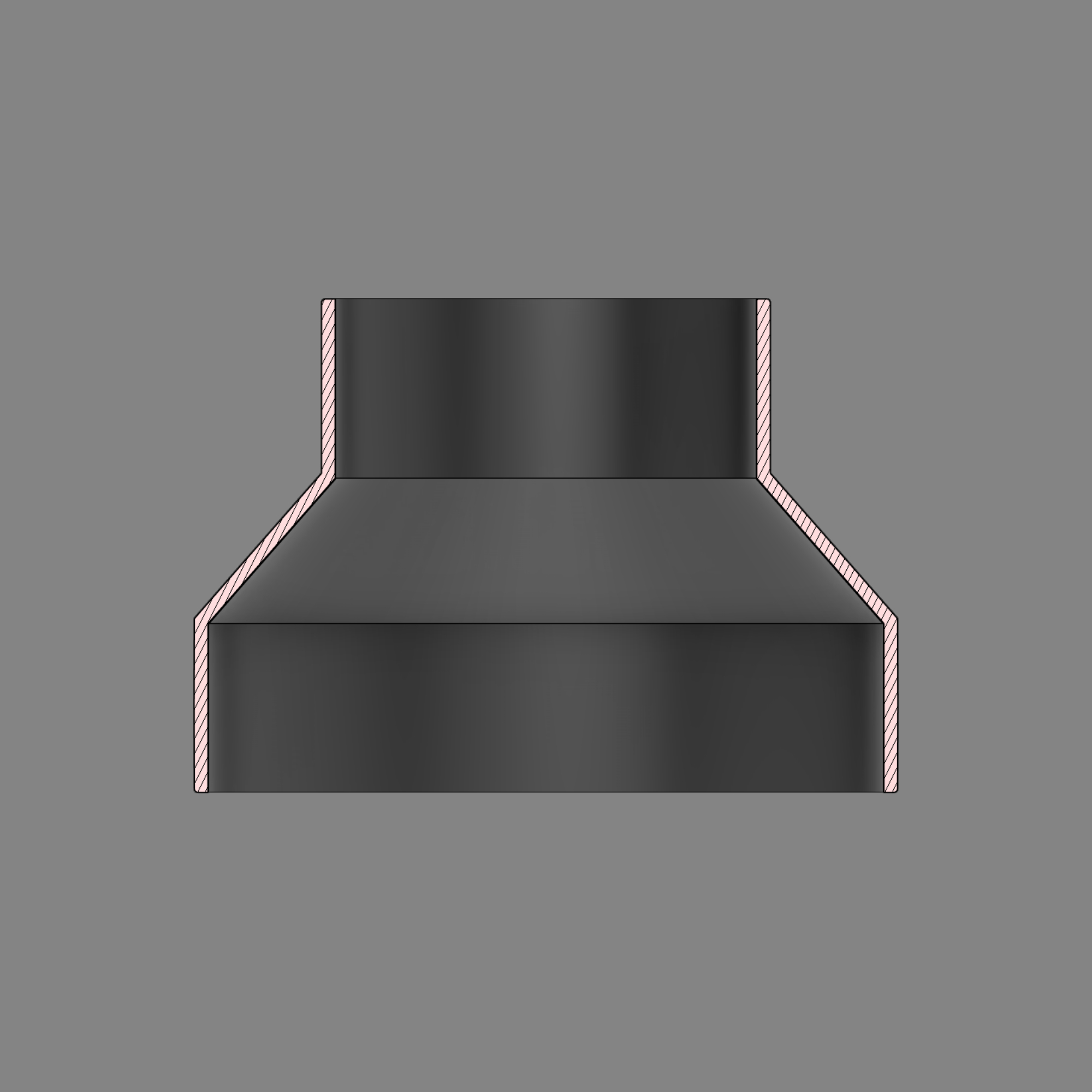 Cross-section diagram of a black PETG 3D printed dust collection adapter connecting 6 inch flex hose to 4 inch flex hose, showing wall thickness