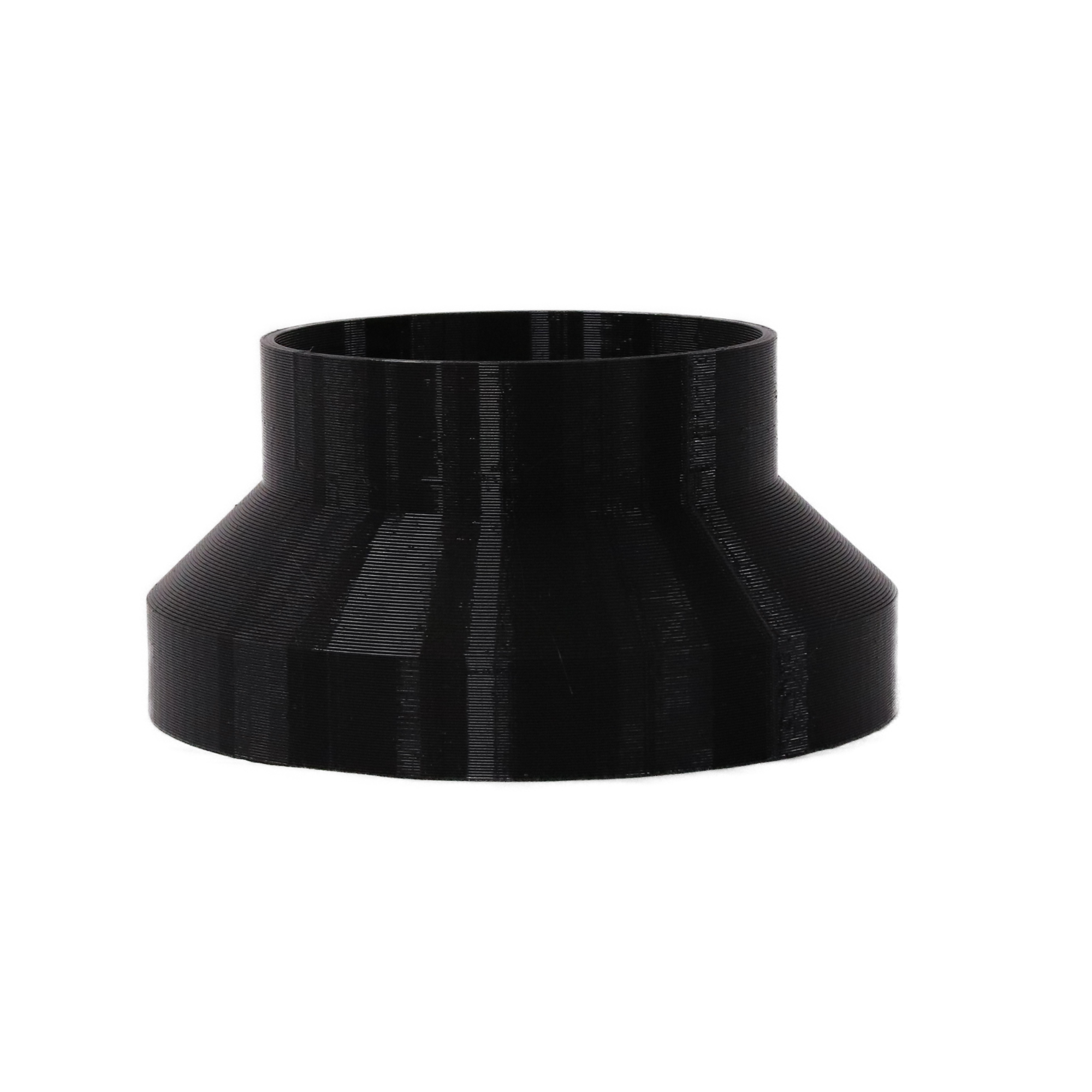 Black 3D printed PETG dust collection adapter connecting 6 inch SDR35 PVC to 4 inch SDR35 PVC, front product photo