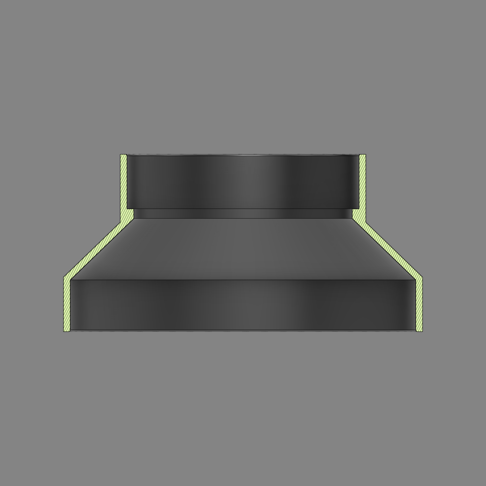 Cross-section diagram of a black PETG 3D printed dust collection adapter connecting 6 inch SDR35 PVC to 4 inch SDR35 PVC, showing wall thickness