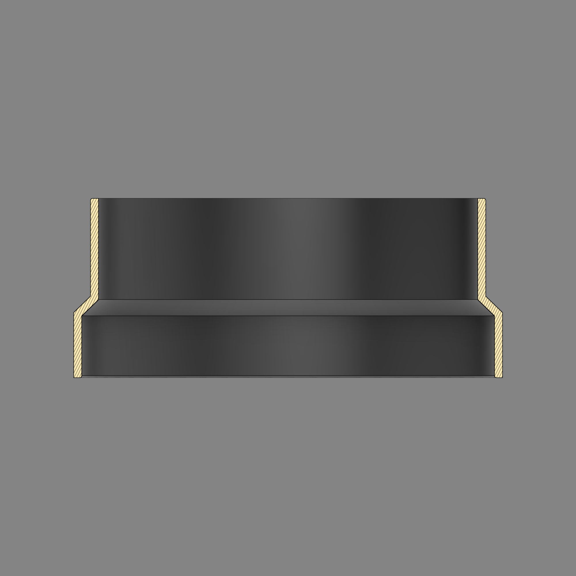 Cross-section diagram of a black PETG 3D printed dust collection adapter connecting 6 inch SDR35 PVC to 6 inch flex hose, showing wall thickness