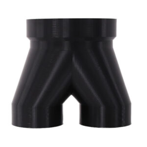 Black 3D printed PETG dust collection adapter connecting 6 inch SDR35 PVC to dual 4 inch flex hose outlets, front product photo