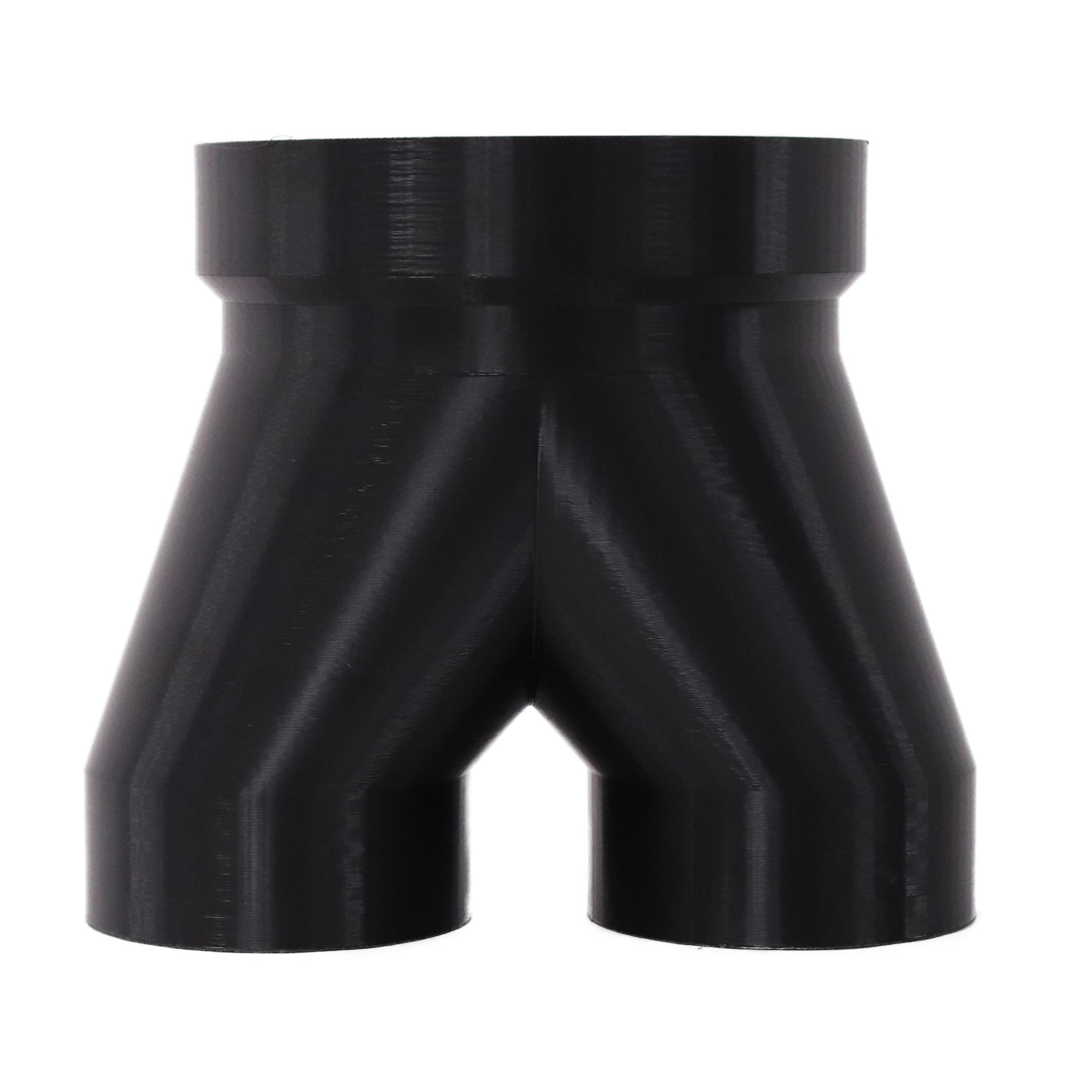 Black 3D printed PETG dust collection adapter connecting 6 inch SDR35 PVC to dual 4 inch flex hose outlets, front product photo