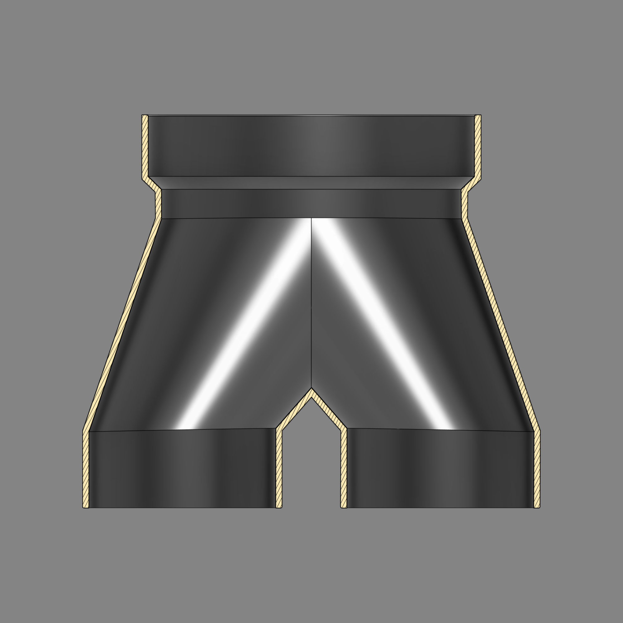 Cross-section diagram of a black PETG 3D printed dust collection adapter connecting 6 inch SDR35 PVC to dual 4 inch flex hose outlets, showing wall thickness