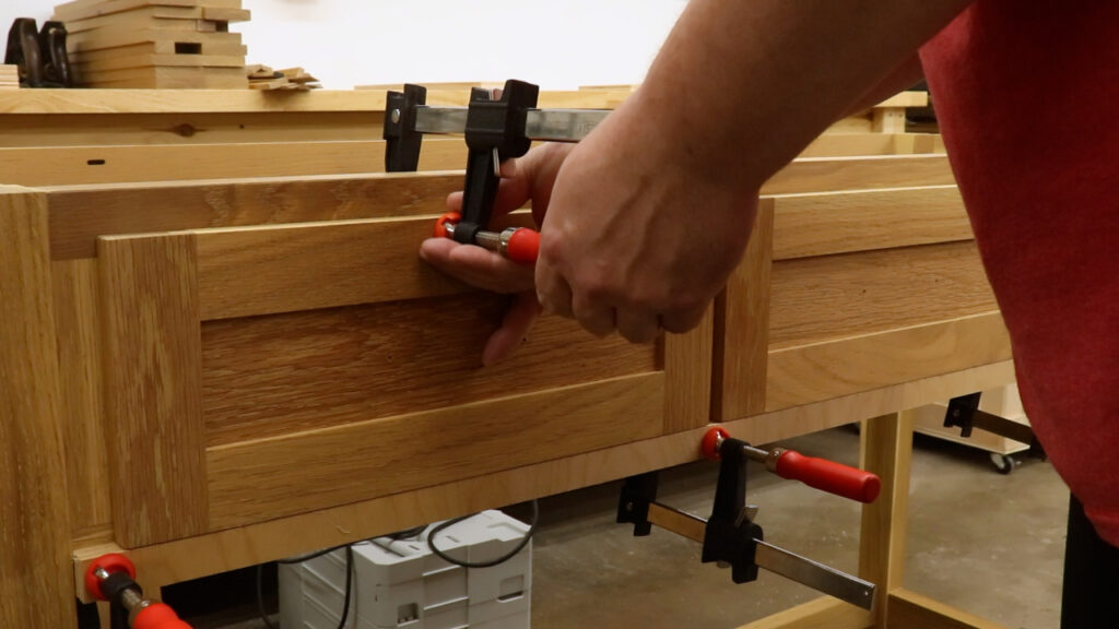 Clamping drawer fronts in place - Build a Potting Bench
