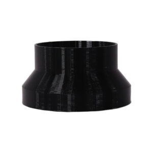 Black 3D printed PETG dust collection adapter connecting 6 inch SDR35 PVC to 5 inch flex hose, front product photo