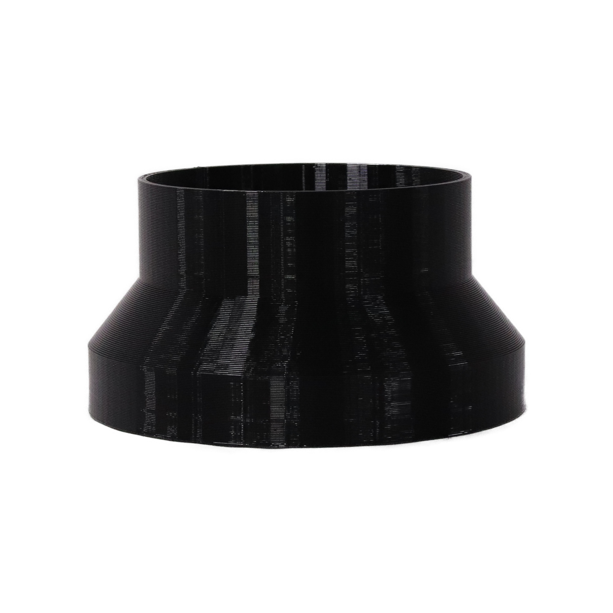 Black 3D printed PETG dust collection adapter connecting 6 inch SDR35 PVC to 5 inch flex hose, front product photo