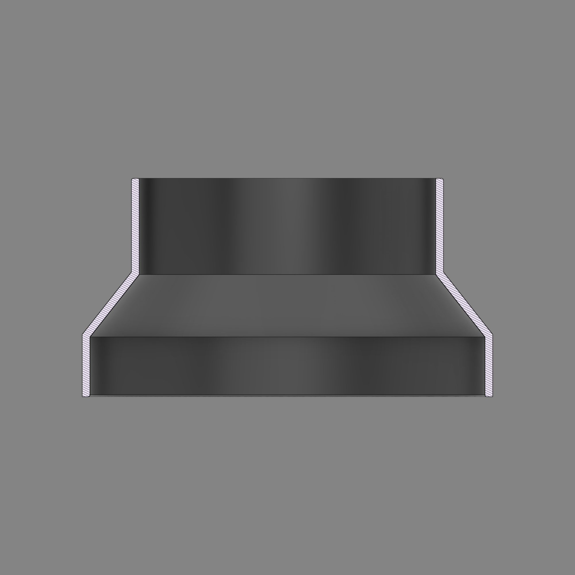 Cross-section diagram of a black PETG 3D printed dust collection adapter connecting 6 inch SDR35 PVC to 5 inch flex hose, showing wall thickness