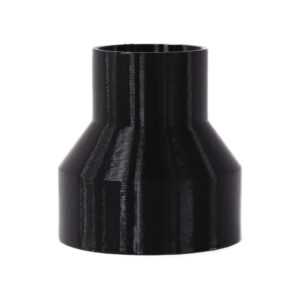 Black 3D printed PETG dust collection adapter connecting 4 inch flex hose to 2.5 inch flex hose, front product photo