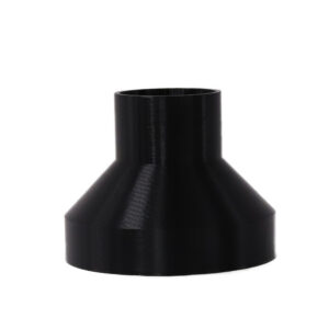 Black 3D printed PETG dust collection adapter connecting 4 inch SCH40 PVC to 2.5 inch flex hose, front product photo