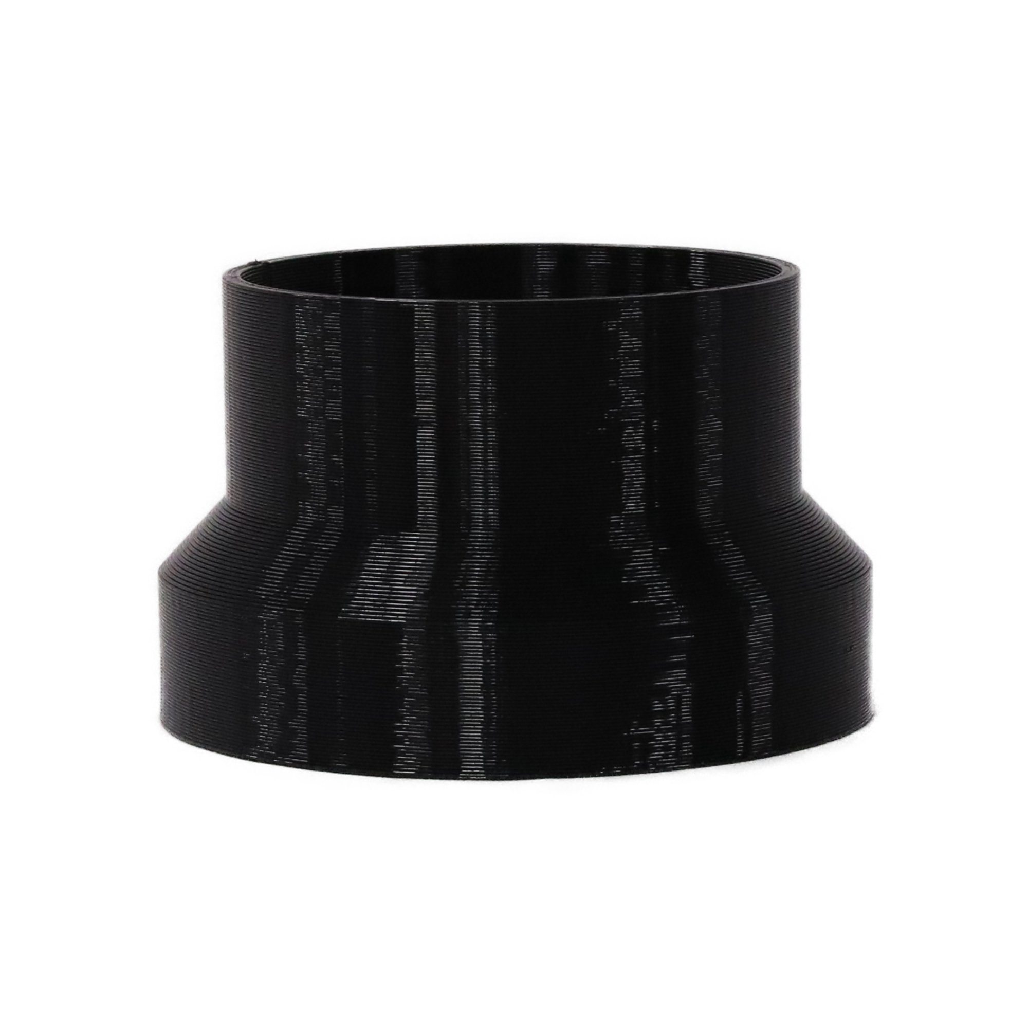 Black 3D printed PETG dust collection adapter connecting 4 inch SCH40 PVC to 4 inch flex hose, front product photo