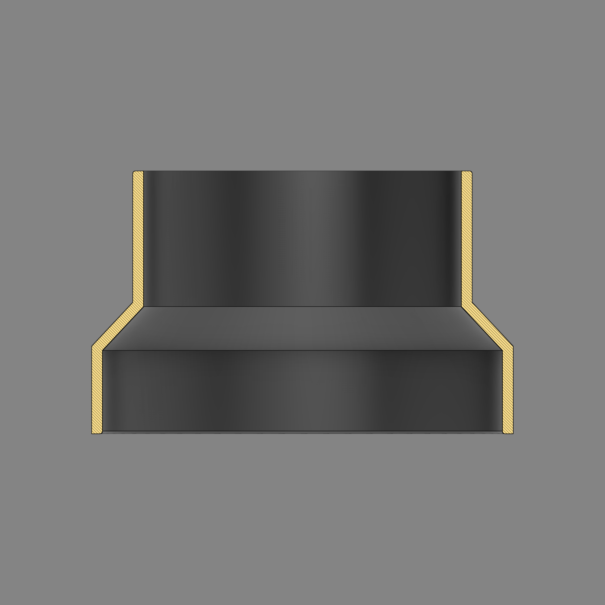 Cross-section diagram of a black PETG 3D printed dust collection adapter connecting 4 inch SCH40 PVC to 4 inch flex hose, showing wall thickness