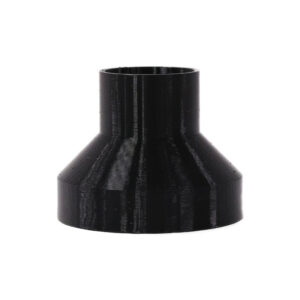 Black 3D printed PETG dust collection adapter connecting 4 inch SDR35 PVC to 2.5 inch flex hose, front product photo