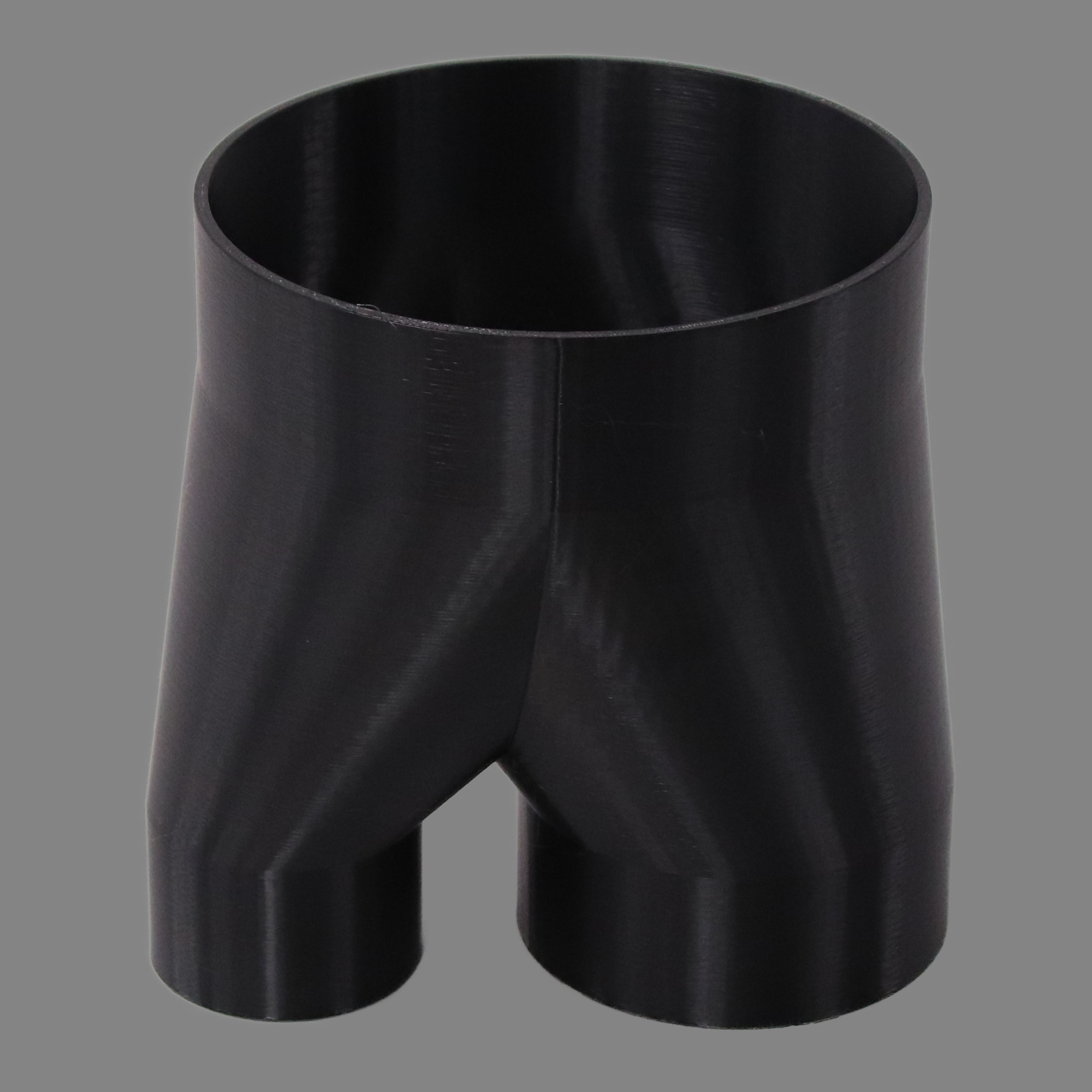 Black 3D printed PETG dust collection adapter connecting 6 inch flex hose to dual 4 inch and 2.5 inch flex hose outlets, alternate angle product photo