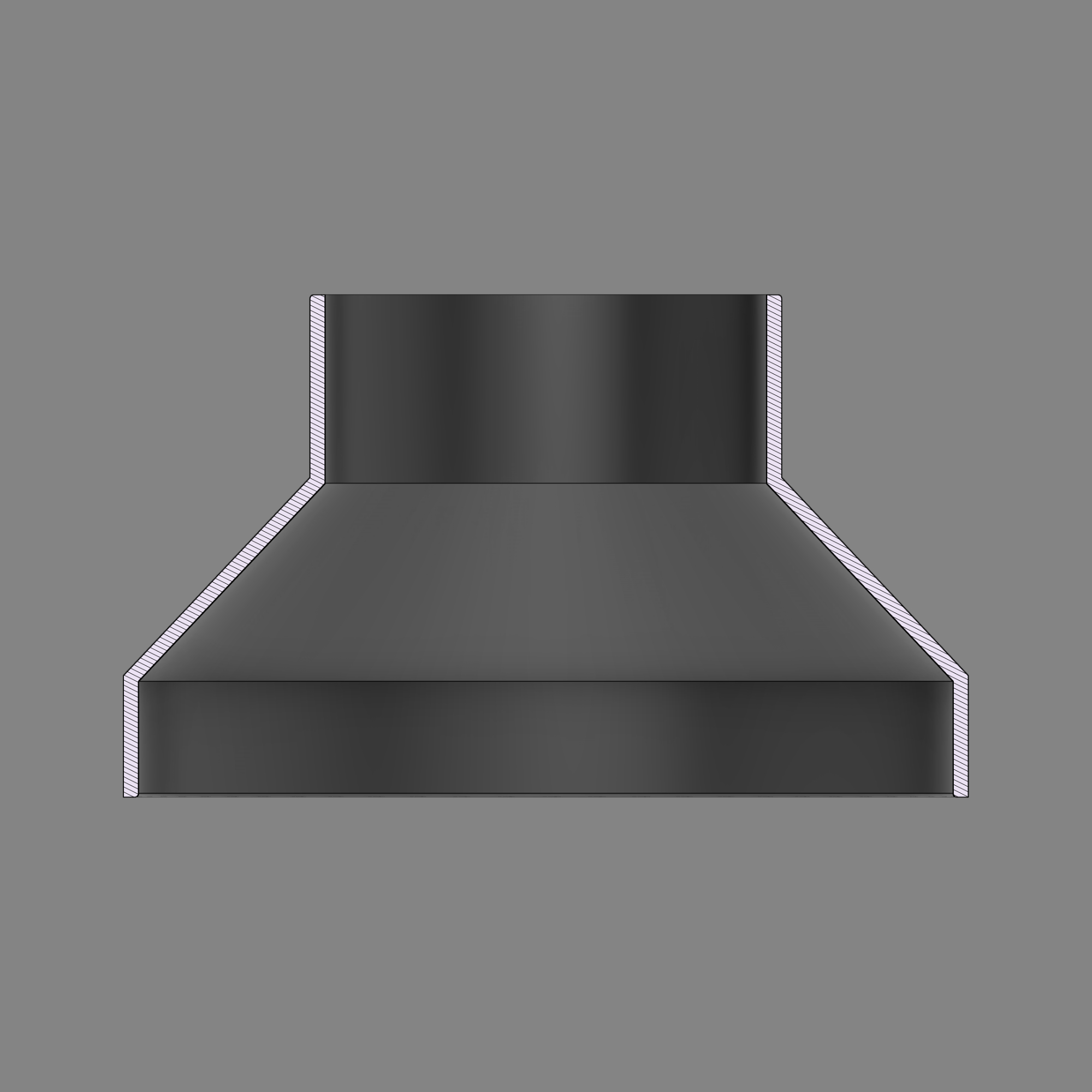Cross-section diagram of a black PETG 3D printed dust collection adapter connecting 6 inch SCH40 PVC to 4 inch flex hose, showing wall thickness