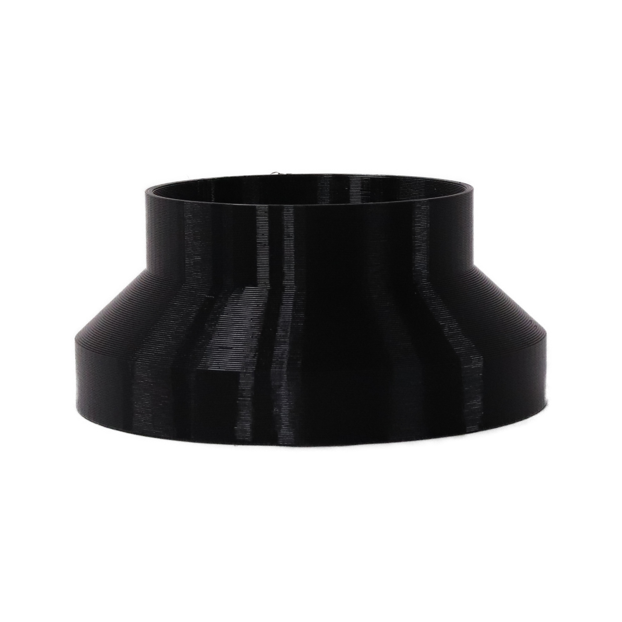 Black 3D printed PETG dust collection adapter connecting 6 inch SCH40 PVC to 4 inch SCH40 PVC, front product photo