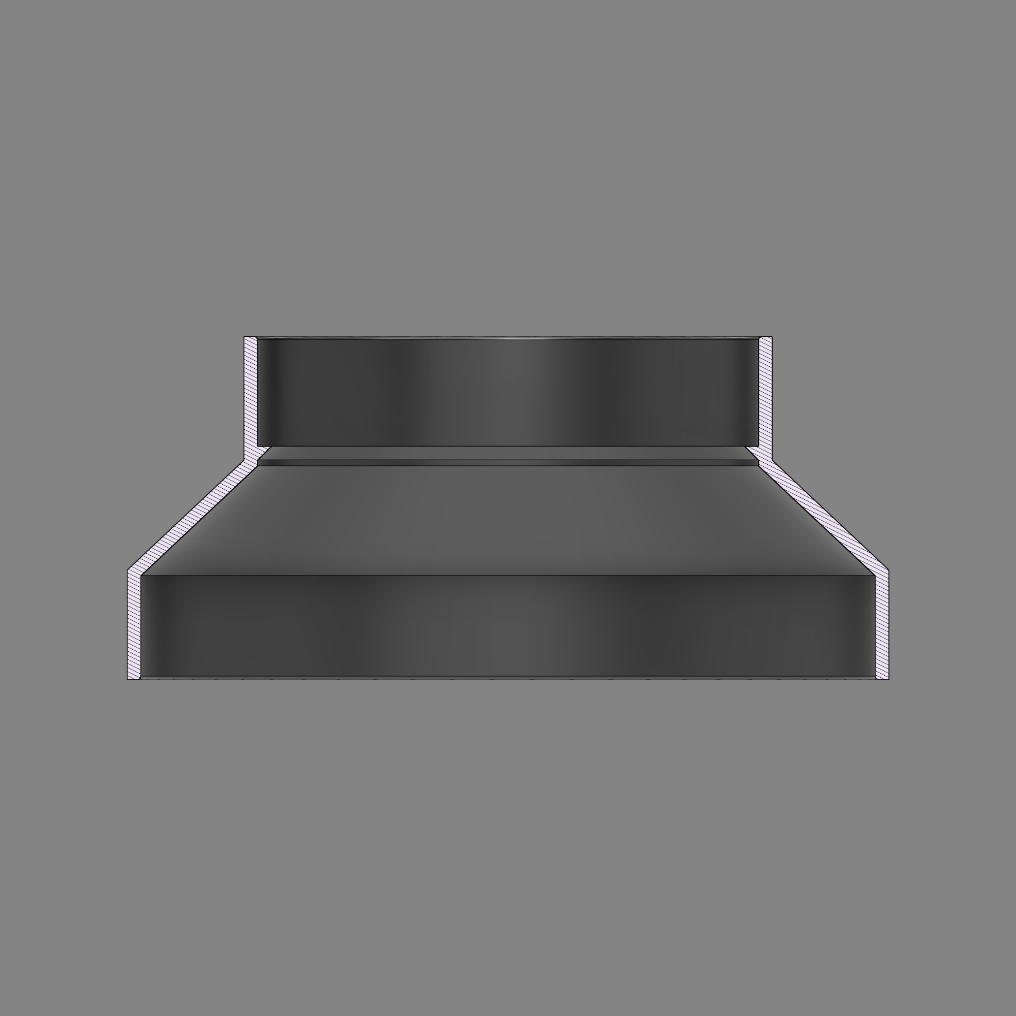 Cross-section diagram of a black PETG 3D printed dust collection adapter connecting 6 inch SCH40 PVC to 4 inch SCH40 PVC, showing wall thickness