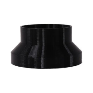 Black 3D printed PETG dust collection adapter connecting 6 inch SCH40 PVC to 5 inch flex hose, front product photo