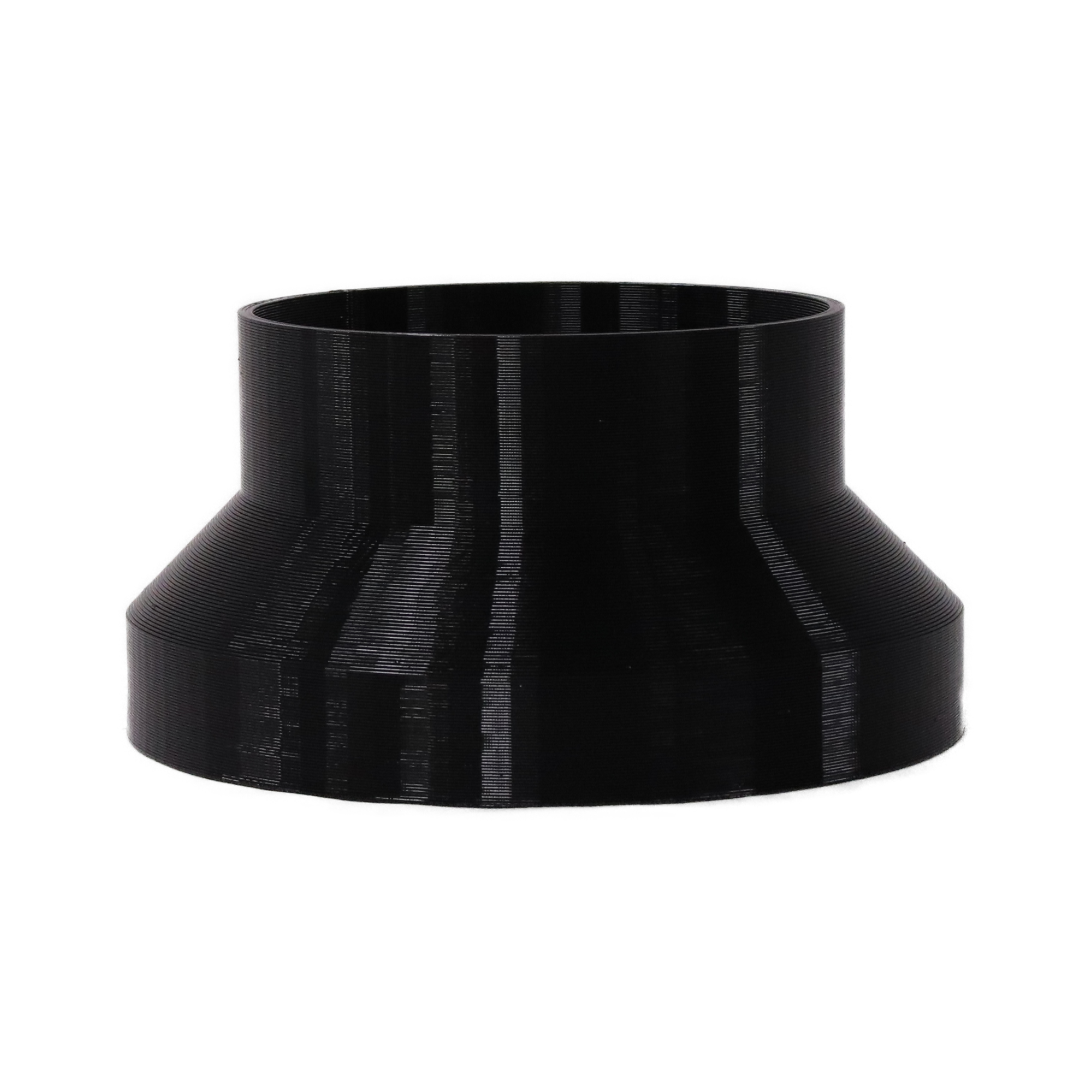 Black 3D printed PETG dust collection adapter connecting 6 inch SCH40 PVC to 5 inch flex hose, front product photo