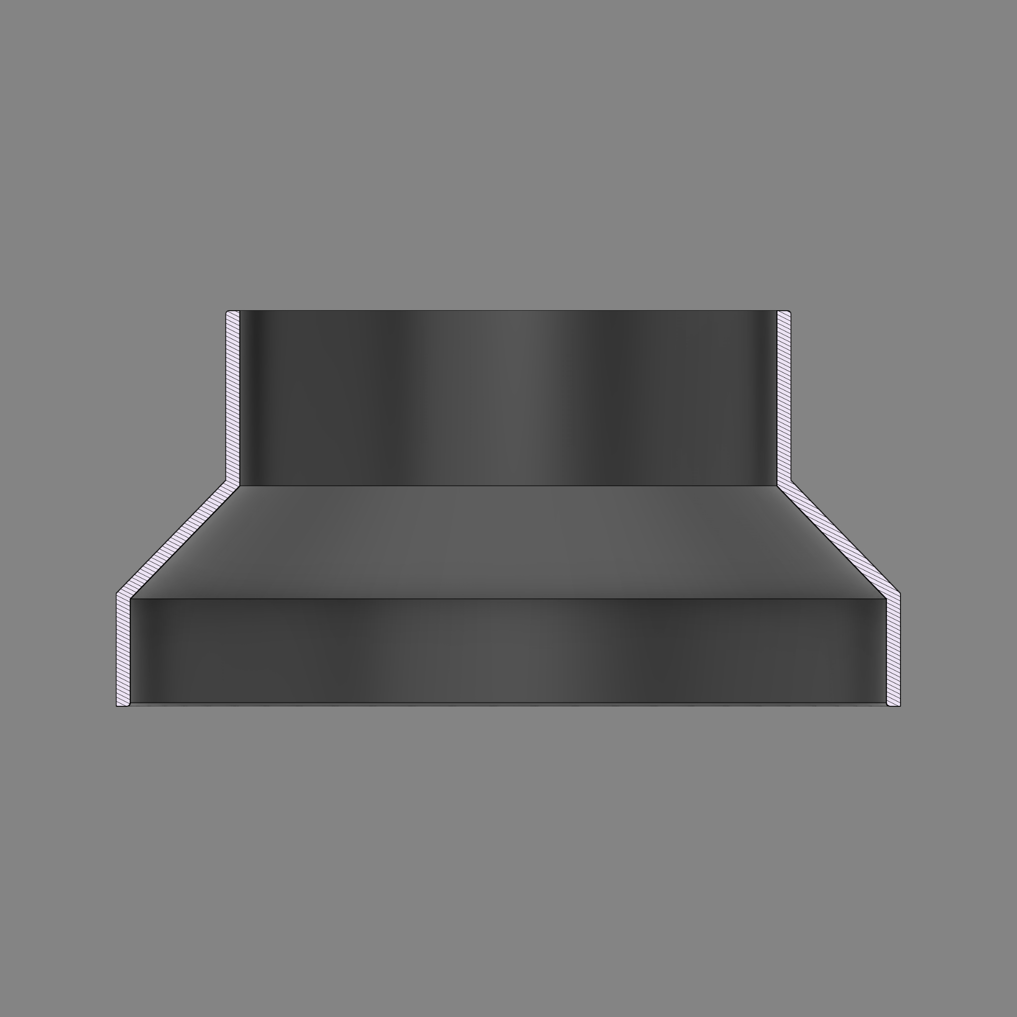 Cross-section diagram of a black PETG 3D printed dust collection adapter connecting 6 inch SCH40 PVC to 5 inch flex hose, showing wall thickness