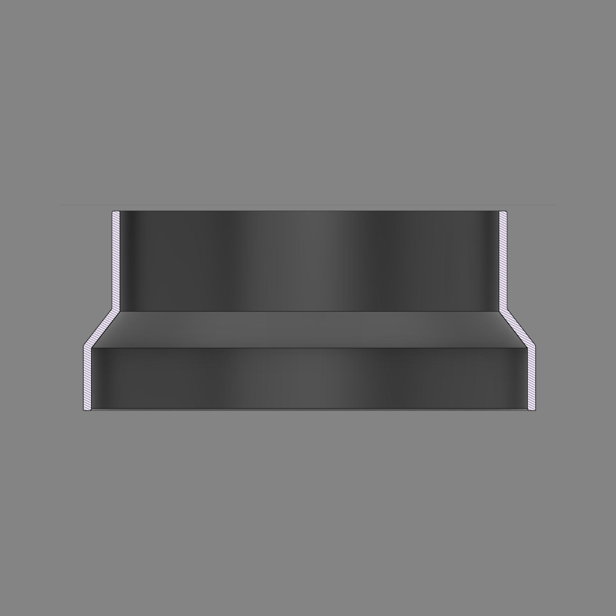 Cross-section diagram of a black PETG 3D printed dust collection adapter connecting 6 inch SCH40 PVC to 6 inch flex hose, showing wall thickness