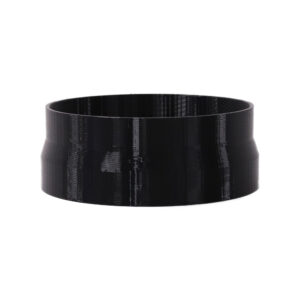 Black 3D printed PETG dust collection adapter connecting 6 inch SCH40 PVC to 6 inch SDR35 PVC, front product photo