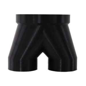 Black 3D printed PETG dust collection adapter connecting 6 inch SCH40 PVC to dual 4 inch flex hose outlets, front product photo