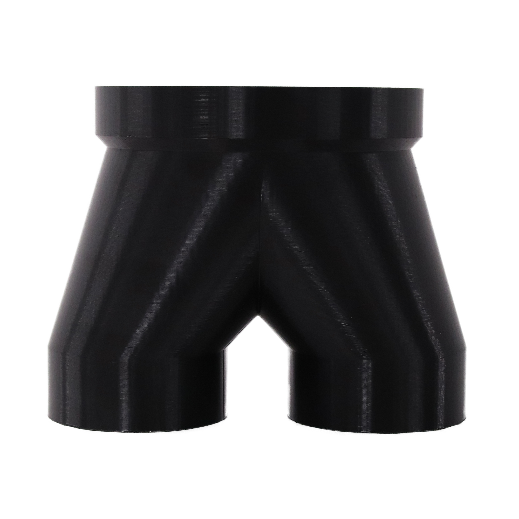 Black 3D printed PETG dust collection adapter connecting 6 inch SCH40 PVC to dual 4 inch flex hose outlets, front product photo