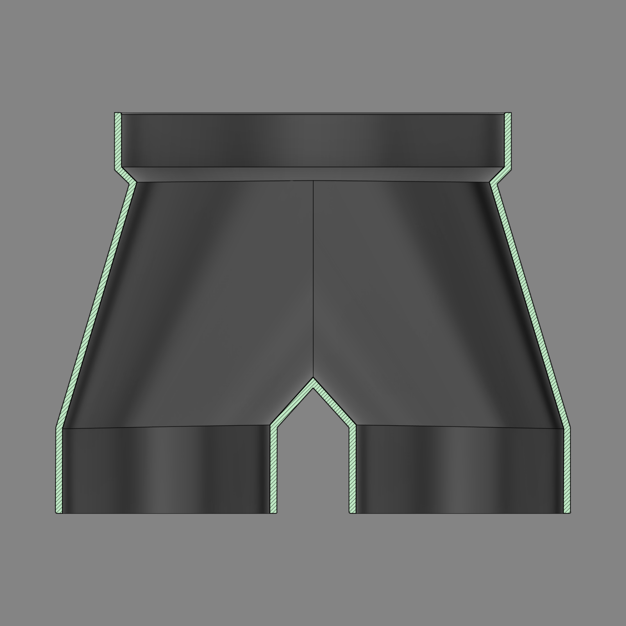 Cross-section diagram of a black PETG 3D printed dust collection adapter connecting 6 inch SCH40 PVC to dual 4 inch flex hose outlets, showing wall thickness