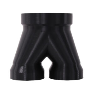 Black 3D printed PETG dust collection adapter connecting 6 inch SDR35 PVC to dual 4 inch SDR35 PVC outlets, front product photo