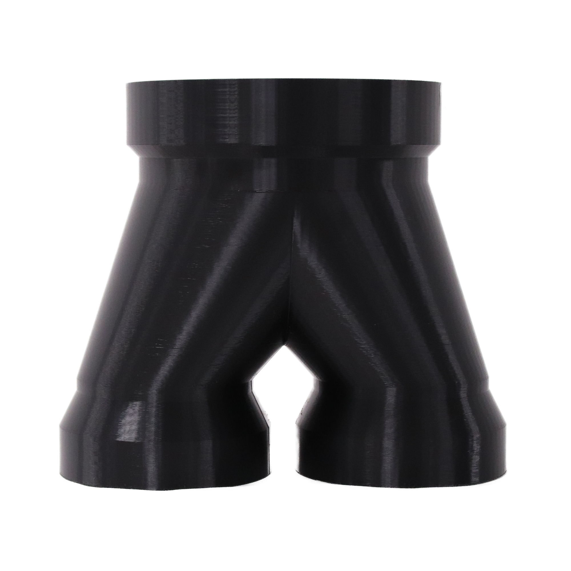 Black 3D printed PETG dust collection adapter connecting 6 inch SDR35 PVC to dual 4 inch SDR35 PVC outlets, front product photo