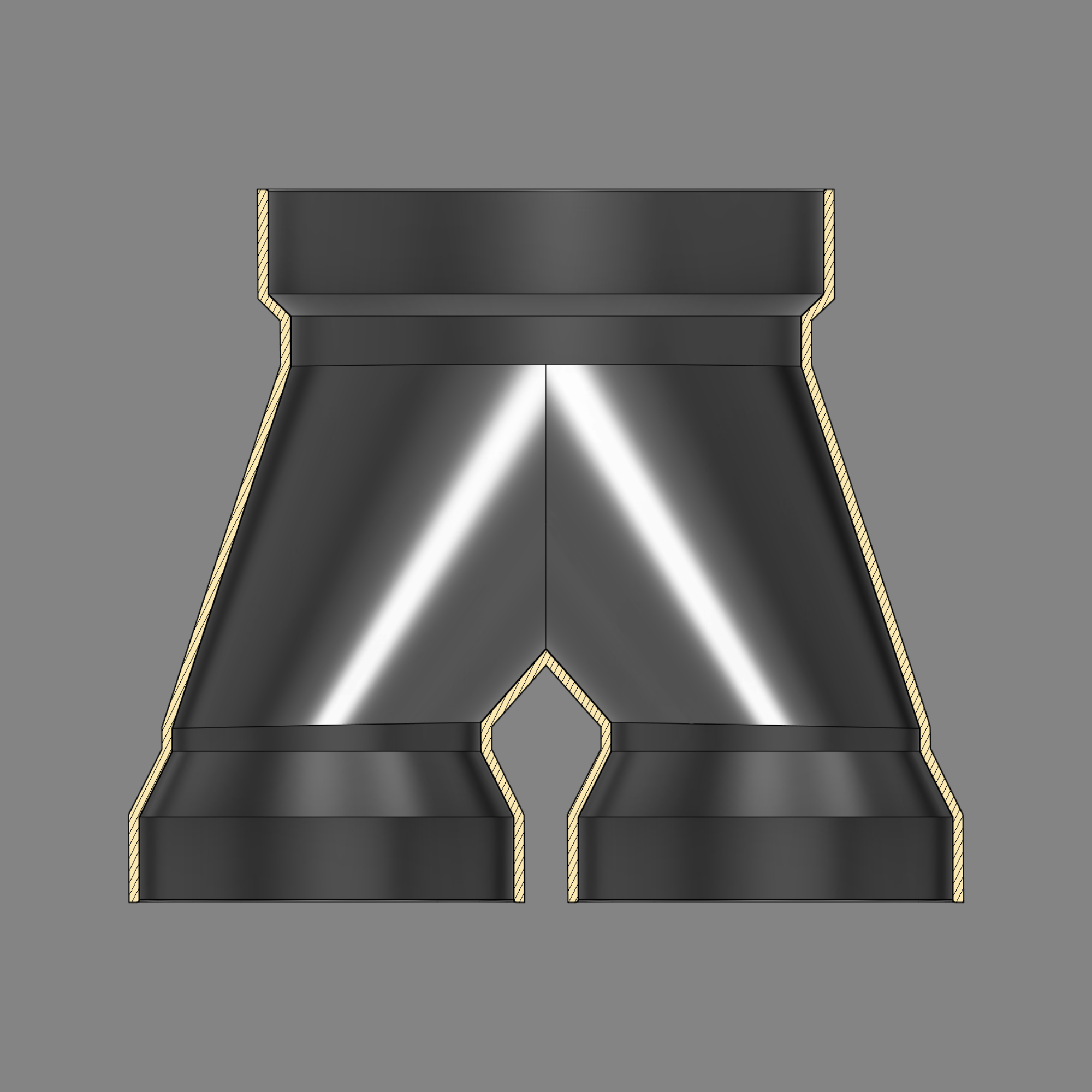 Cross-section diagram of a black PETG 3D printed dust collection adapter connecting 6 inch SDR35 PVC to dual 4 inch SDR35 PVC outlets, showing wall thickness